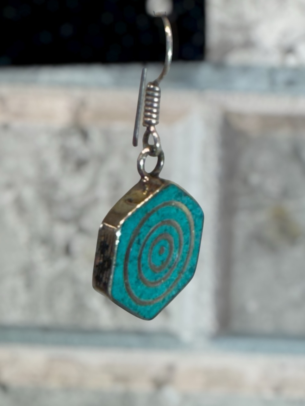 Nepalese Turquoise and Silver Hexagon Dangle Earrings - - Picture 8 of 8